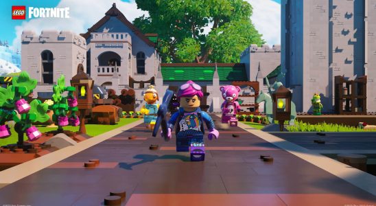 Characters running in LEGO Fortnite.