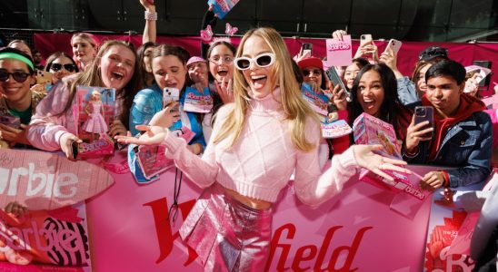 Greta Gerwig, Margot Robbie, Issa Rae and America Ferrera attend the Barbie Press Tour, Sydney Australia.  2023. Photography by Caroline McCredie for Warner Bros/NBC Universal. Contact: jade.perry@nbcuni.com