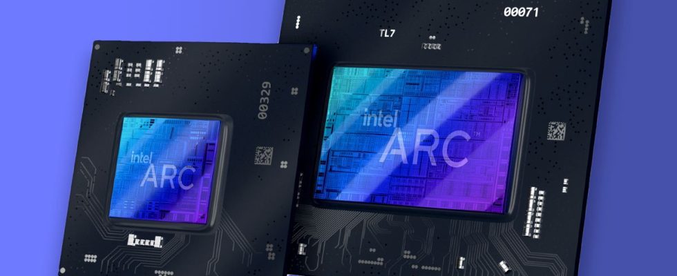 Intel Alchemist GPU renders on a blue gradient background
