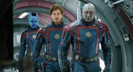 GUARDIANS OF THE GALAXY VOL. 3, from left: Karen Gillan as Nebula, Chris Pratt as Star-Lord, Dave Bautista as Drax, 2023. ph: Jessica Miglio / © Marvel / © Walt Disney Studios Motion Pictures / Courtesy Everett Collection
