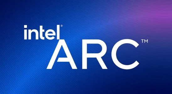 Intel Arc logo on a blue and purple background.