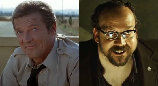 Roger Moore smirking in Octopussy and Paul Giamatti smiling with menace in Shoot