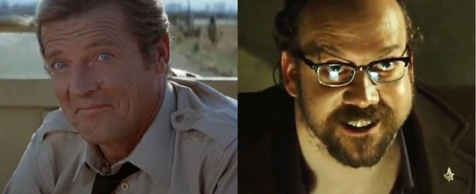 Roger Moore smirking in Octopussy and Paul Giamatti smiling with menace in Shoot