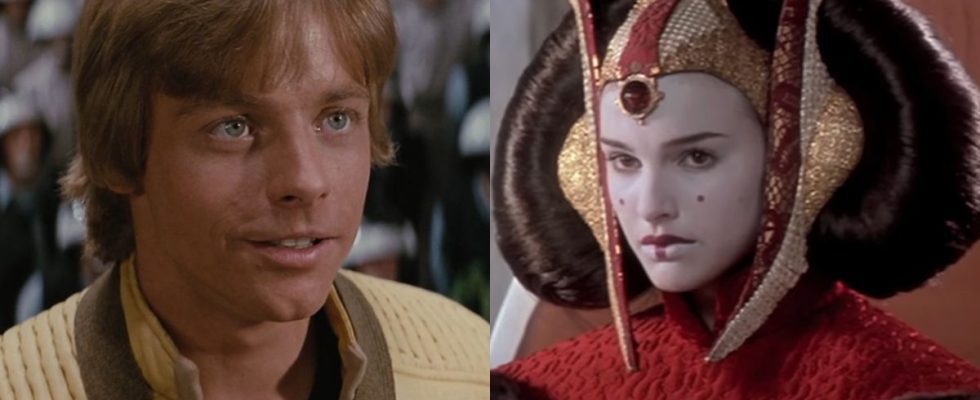 Mark Hamill accepting a medal in Star Wars and Natalie Portman seated in Queen Amidala makeup in The Phantom Menace, pictured side by side.