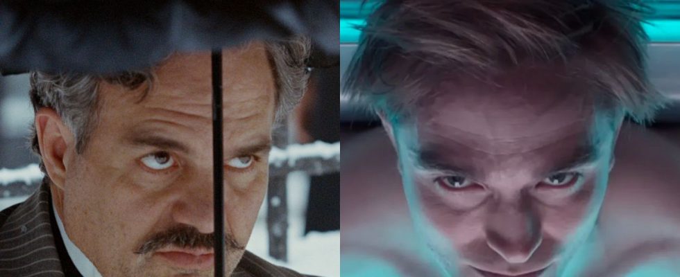 Mark Ruffalo staring menacingly in Poor Things and Robert Pattinson lying in a machine in Mickey 17, picture side by side.