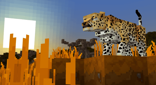 A leopard surveys the Savannah in a shot from Minecraft