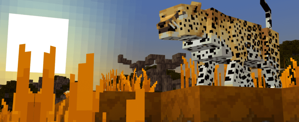 A leopard surveys the Savannah in a shot from Minecraft