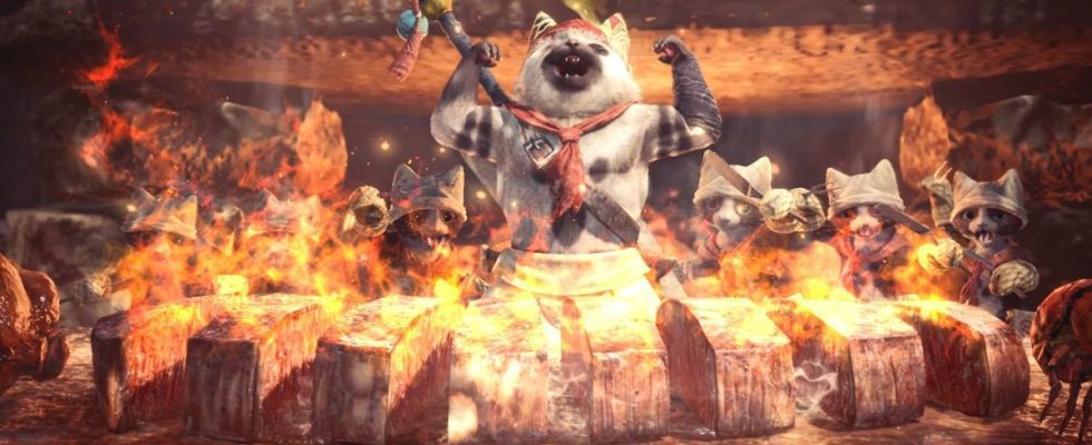 A cat chef flexes his muscles over burning meat