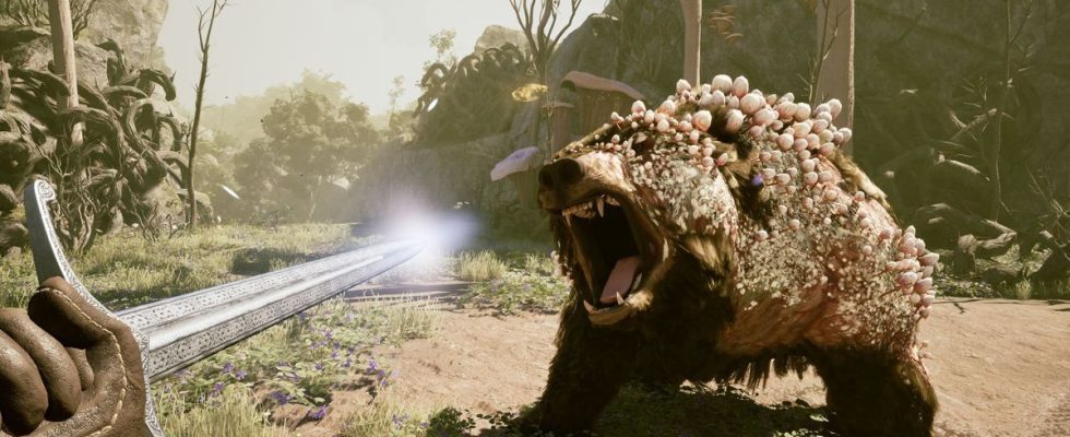 Avowed — the player character faces a plague-ridden bear in combat, pointing their longsword towards the bear as it roars.