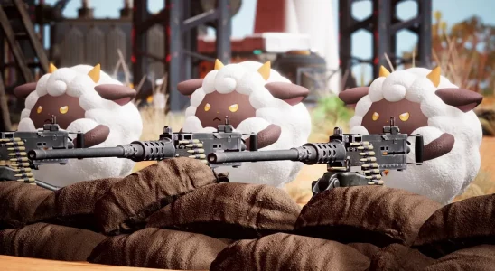 Palworld: three cute=looking ship firing turret guns.