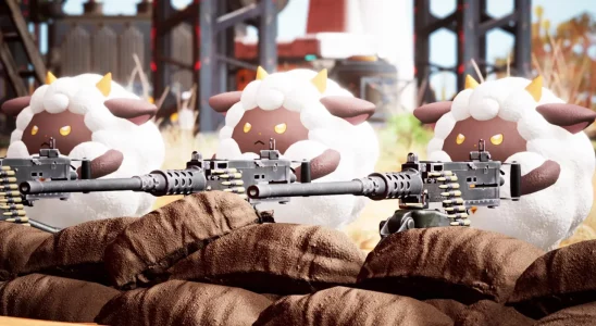 Three sheep-like creatures in a machine gun nest, each with a gun. This image was used as part of an article on if Palworld would eventually come to PlayStation 4 and PS5.