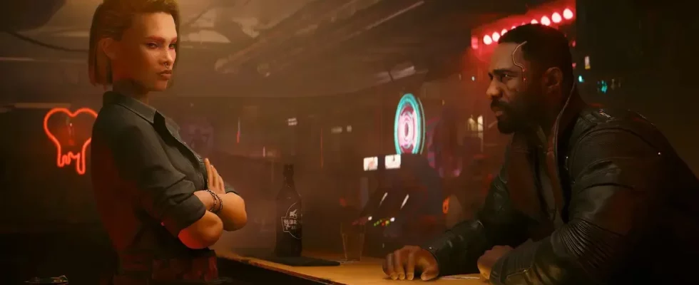 Cyberpunk 2077 Phantom Liberty: Idris Elba's character sat at a dingy bar with a woman opposite.
