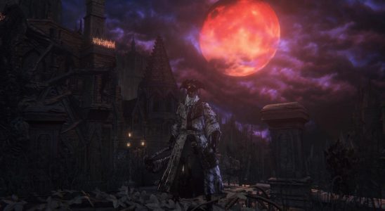 Image of bloodied man wearing a tricorn hat and priestly clothes with a blood moon in the sky in Bloodborne.