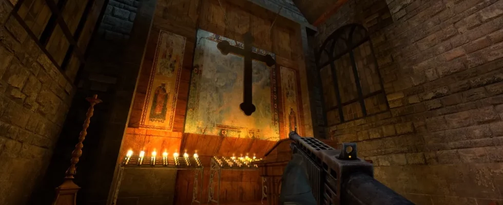 Half-Life 2: screenshot showing a large cross hanging at the front of a church.