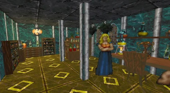 Daggerfall: the inside of an apothecary with a woman nearby folding her arms.
