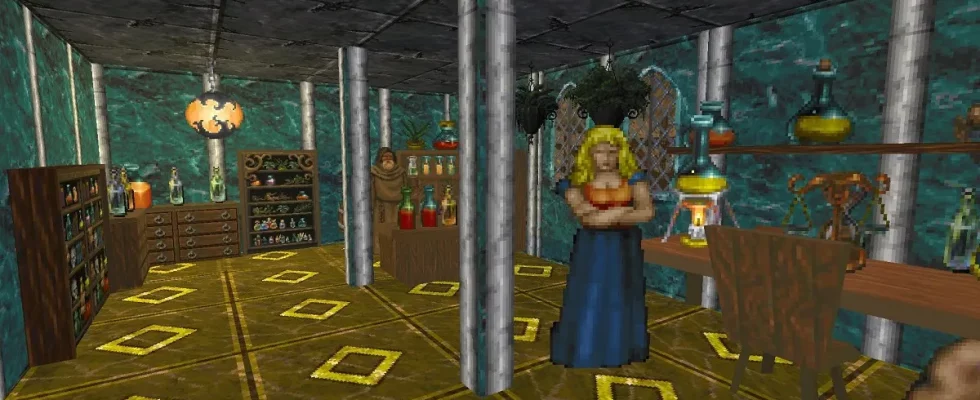 Daggerfall: the inside of an apothecary with a woman nearby folding her arms.