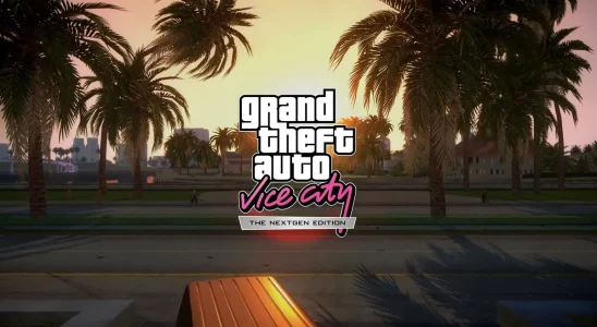 GTA Vice City logo with a sunset and palm trees in the background.