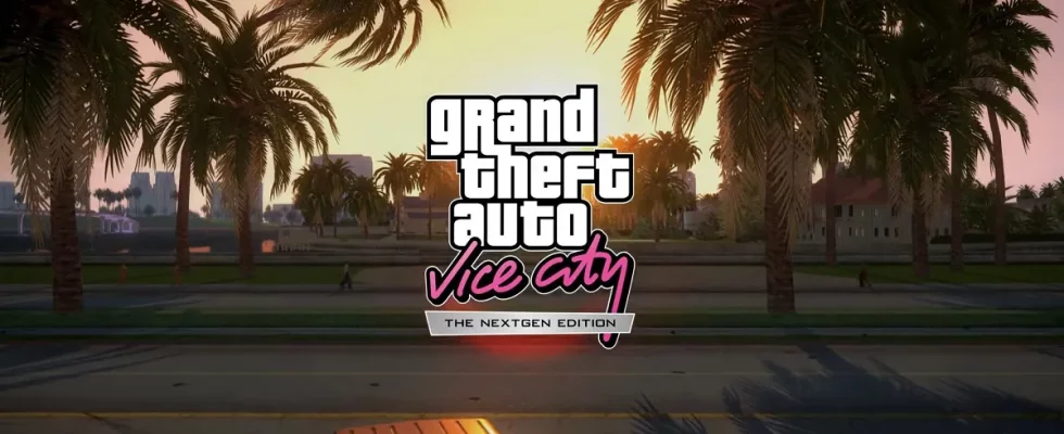 GTA Vice City logo with a sunset and palm trees in the background.