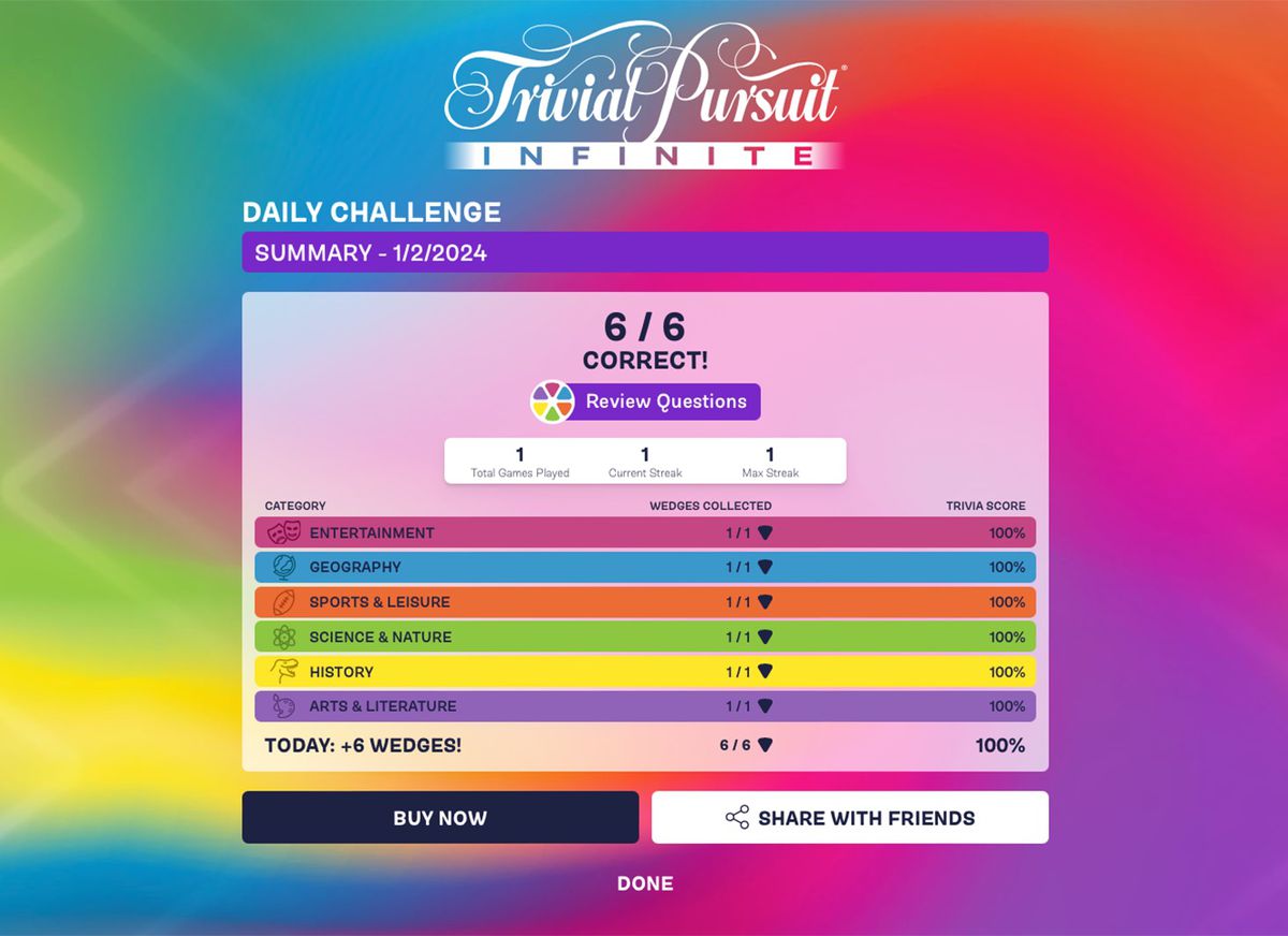 L'écran des résultats du défi quotidien de Trivial Pursuit Infinite 