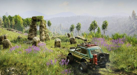 lone truck in a lush green valley in Expeditions: A MudRunner Game