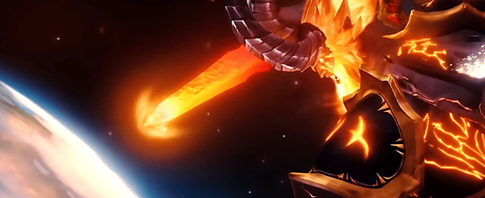 Sargeras, the Dark Titan, stabs his blade into Azeroth in World of Warcraft: Legion.