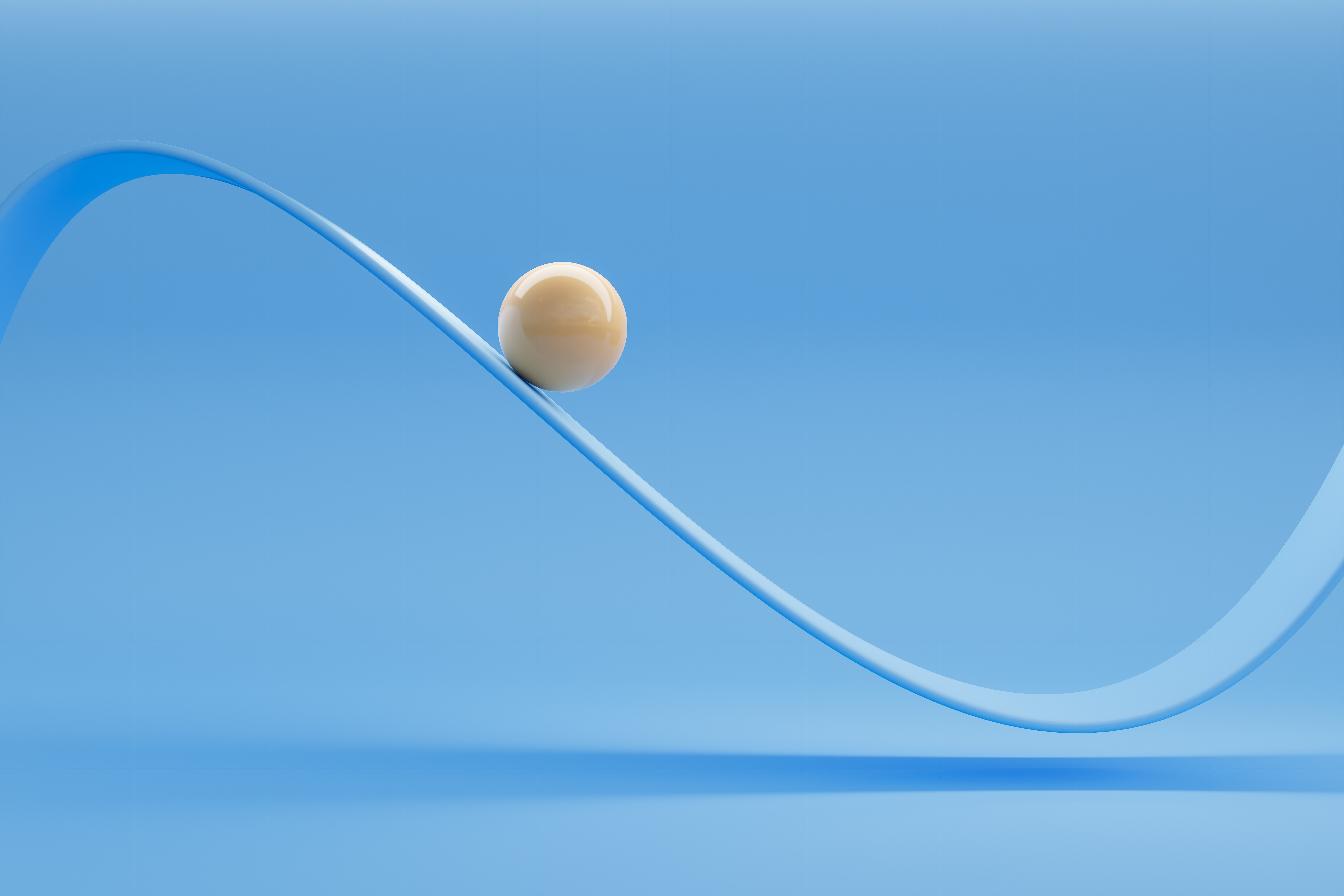 Image d’une boule en céramique blanche brillante se déplaçant le long d’une courbe oscillante sur un fond bleu.
