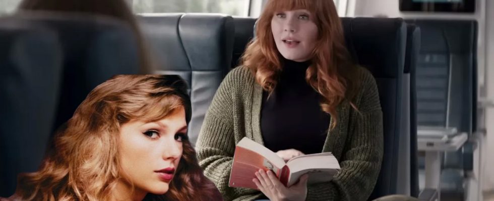 An image of Taylor Swift superimposed over a still from the movie Argylle, showing author Elly Conway on the train.