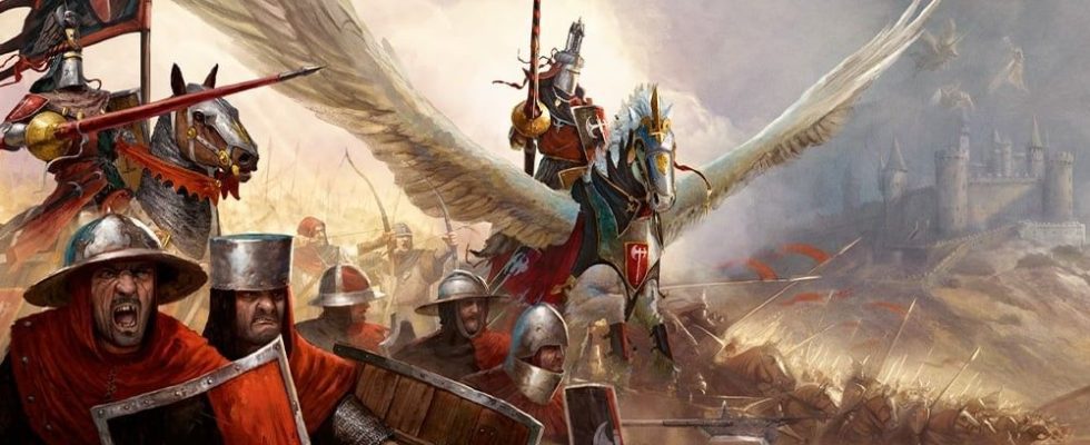 A Bretonnian army marching to war in Warhammer: The Old World.