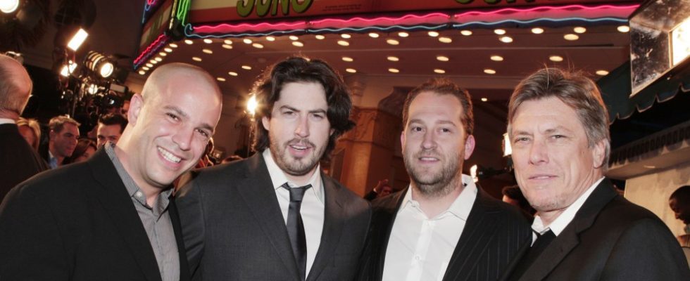 LOS ANGELES - DECEMBER 3:  (L to R) Producer Nathan Kahane, director Jason Reitman, producers Mason Novick and Russell Smith pose at the premiere of Fox Searchlight's "Juno" at the Village Theater on December 3, 2007 in Los Angeles, California. (Photo by Kevin Winter/Getty Images)