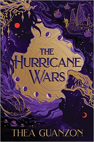 couverture de The Hurricane Wars de Thea Guanzon, tourbillonnant de violet autour de l'or, avec différentes phases de lunes, avec le contour d'un visage d'un navire dans les coins