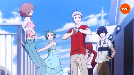 Revue de Persona 3 Reload : Plusieurs membres du SEES debout sur le pont d'un navire.  Ils sont tous vêtus de vêtements d'été décontractés.