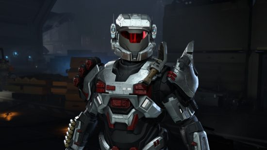 Série télévisée sur les casques Halo Infinite Silver Team : Un Spartiate portant le casque de Riz et diverses armures de corps et d'épaules.