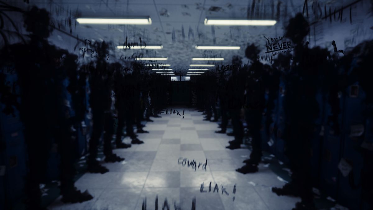 Un groupe de personnages de l'ombre debout dans le couloir d'une école et regardant le protagoniste.  Des mots flottent sur l’écran, vous traitant de « lâche » et de « menteur ».