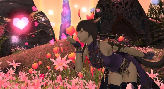 A Miqote in FFXIV using the Dote Emote ahead of this year's Valentine's Day event