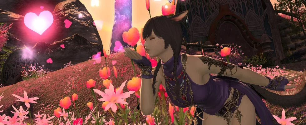 A Miqote in FFXIV using the Dote Emote ahead of this year's Valentine's Day event