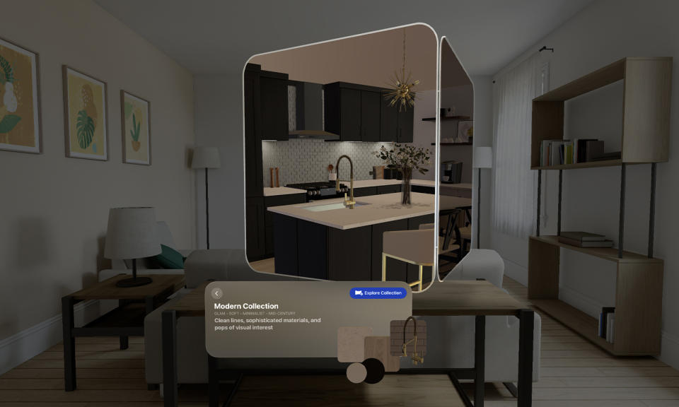 Image de l'application Lowe's sur VisionOS.  Une fenêtre montrant un lavabo dans un salon flotte dans une fenêtre 3D avec un véritable salon visible derrière.