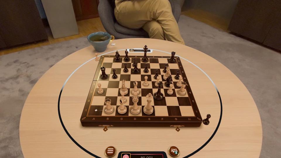 Image de la salle de jeux sur VisionOS.  Un échiquier virtuel se trouve sur une vraie table dans un environnement réel avec un adversaire assis en face.