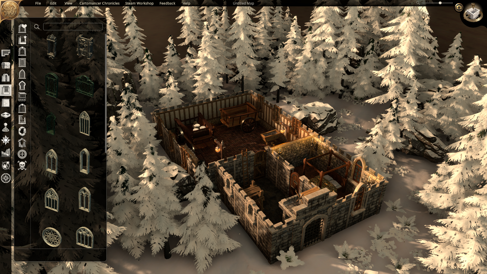 Un château dans les bois enneigés dans Dungeon Alchemist