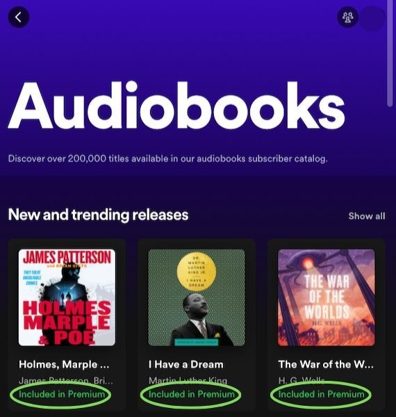 capture d'écran de la bibliothèque de livres audio Spotify montrant trois titres dans leur nouvelle catégorie tendance incluse dans Spotify Premium