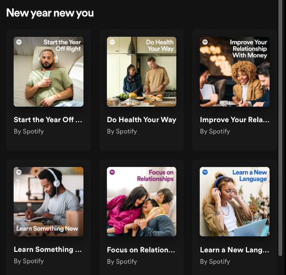 capture d'écran des offres de listes de lecture New Year, New You de livres audio sur l'application Web Spotify, avec des catégories telles que 