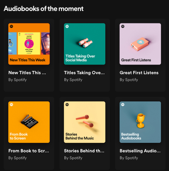 capture d'écran de la page de destination des listes de lecture de livres audio Audiobooks of the Moment dans l'application Web Spotify 