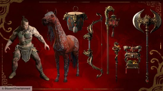 Récompenses de Diablo 4 Lunar Awakening, notamment des tatouages ​​de dragon, un cheval rouge et des armes rouge et or.