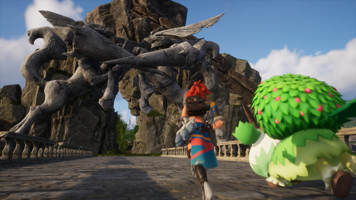Une image d'un personnage de Palworld courant sur un pont aux côtés d'un Pal qui ressemble à une grosse chèvre ronde couverte de feuilles.