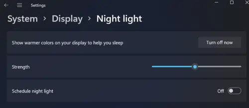 Options d'éclairage nocturne dans Windows 11