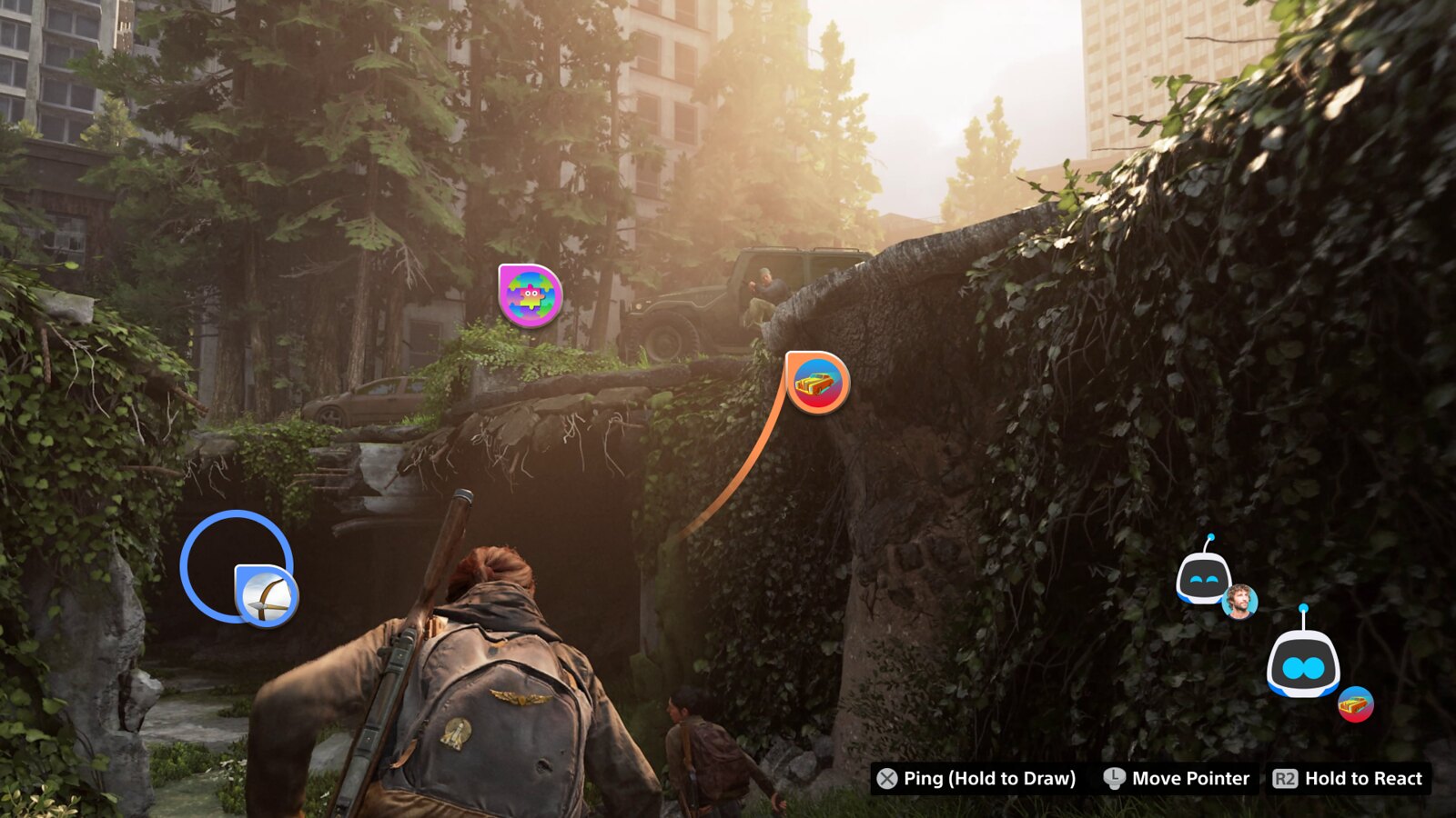 Capture d'écran de l'interface utilisateur PS5 montrant des pointeurs et des réactions emoji sur l'écran de jeu The Last of Us Part II Remastered