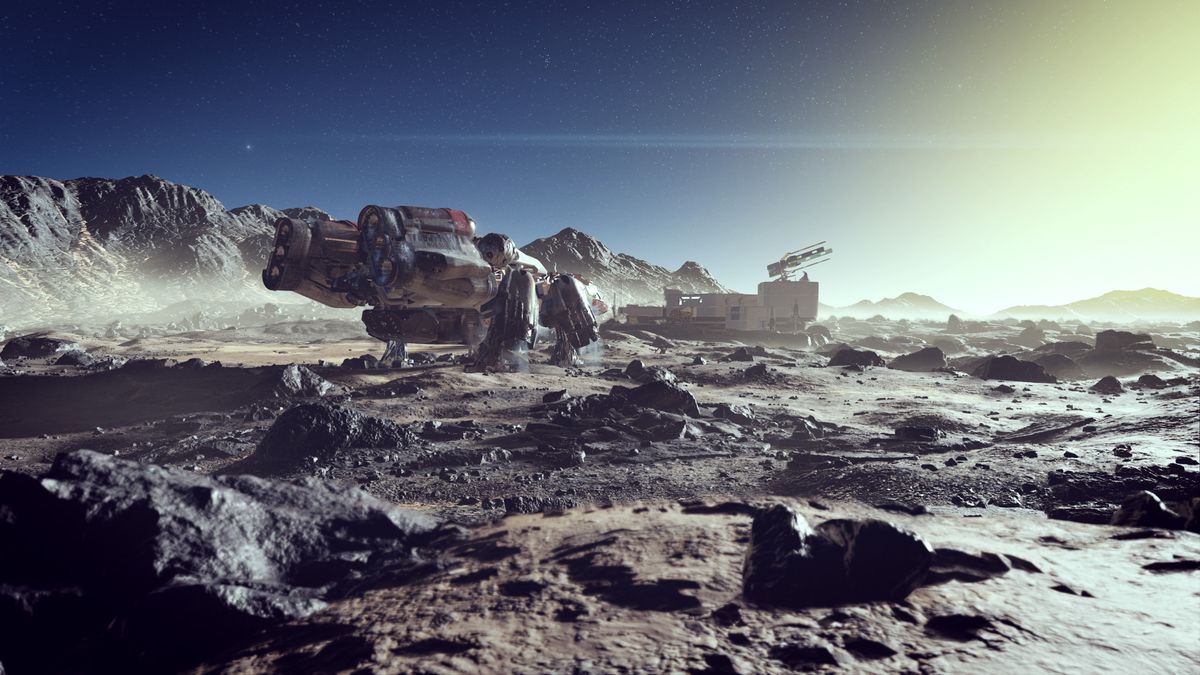 Un grand vaisseau spatial marqué « NG1350 » avec une base derrière lui se trouve sur la surface rocheuse d'une planète à Starfield