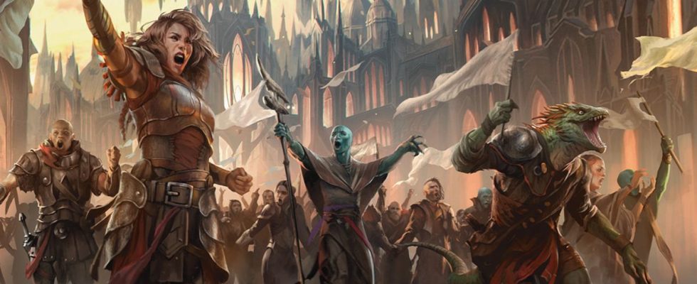 A crowd of shouting civilians march through the streets of Ravnica in Murders at Karlov Manor, waving white flags