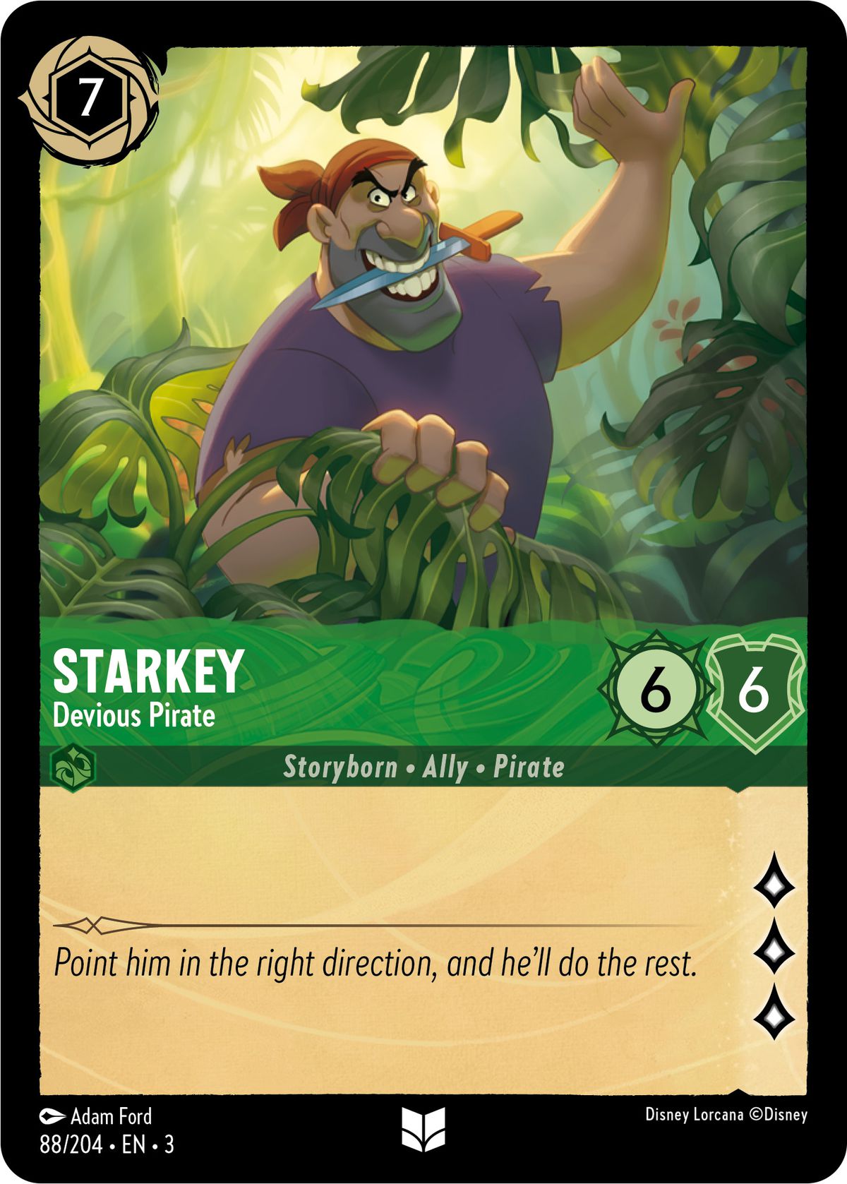 Starkey, Devious Pirate est un lore à trois, 6/6 qui coûte 7 encres à jouer.