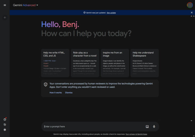 Une capture d'écran de Google Gemini Advanced dans l'interface Web.