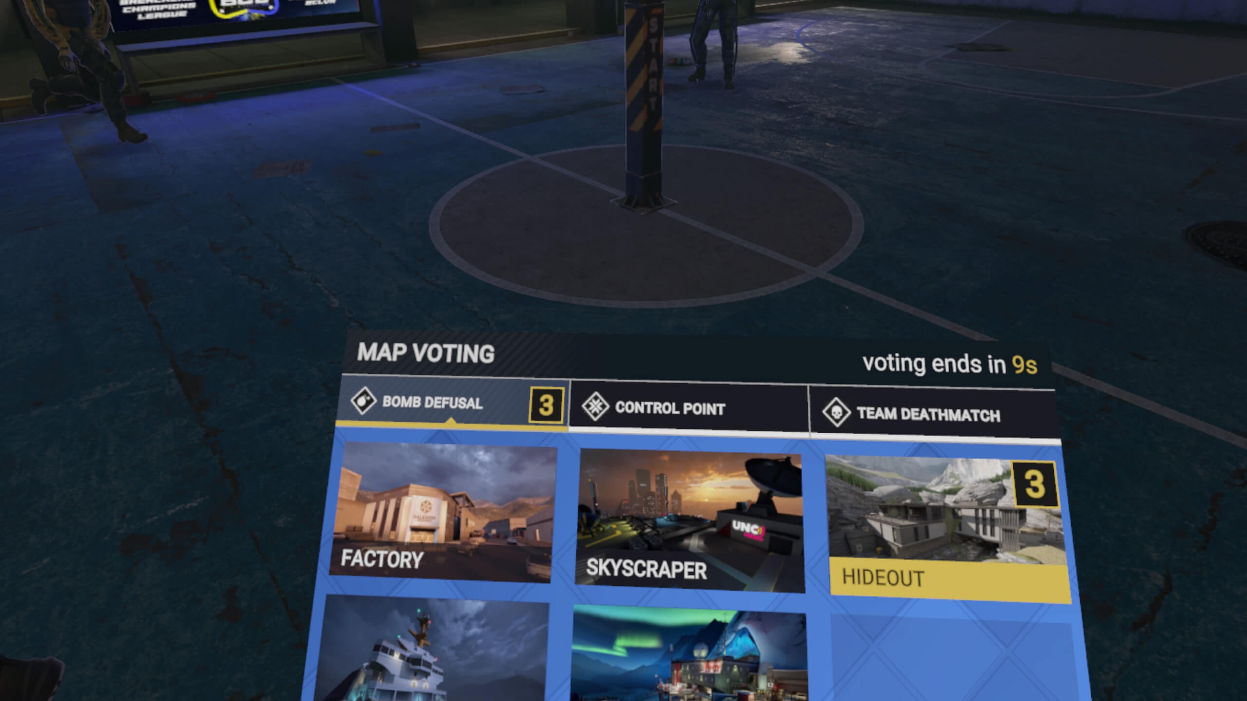 Le système de vote d'avant-match.  options pour la carte et les modes sur lesquels jouer.